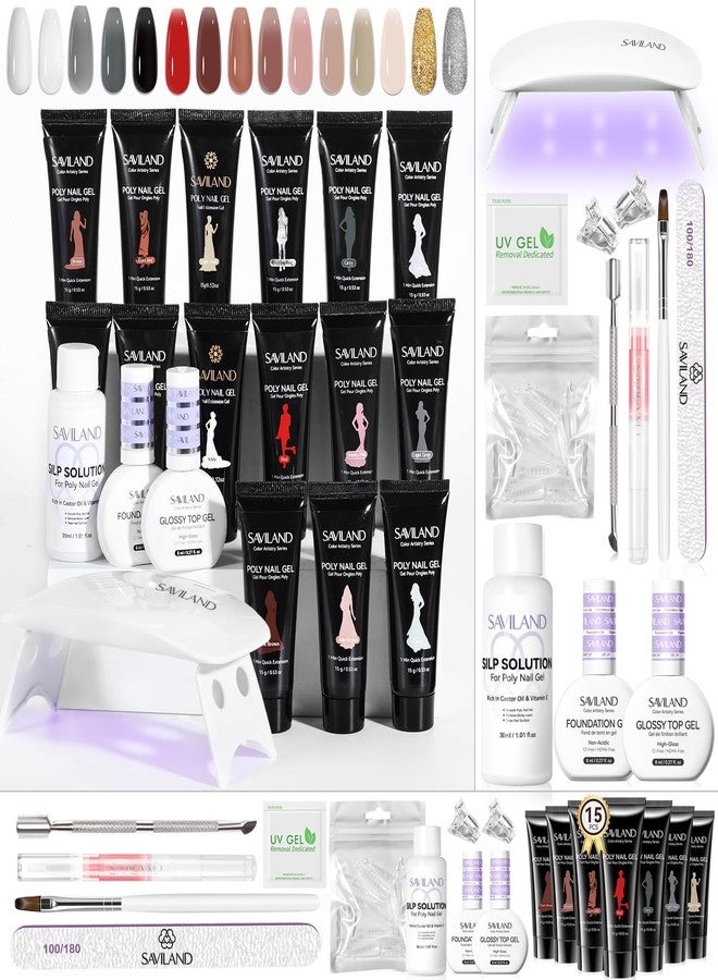 SAVILAND Poly Extension Gel Nail Kit: 4 Weeks Long Lasting Poly Gel Nail Kit with U V Light Quick Dry Slip Solution, 15 PCS Colors Poly Gel Supplies Tools for Nail Art Home DIY, Modern Impression - Image 1
