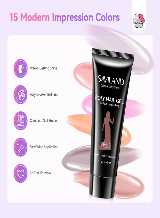 SAVILAND Poly Extension Gel Nail Kit: 4 Weeks Long Lasting Poly Gel Nail Kit with U V Light Quick Dry Slip Solution, 15 PCS Colors Poly Gel Supplies Tools for Nail Art Home DIY, Modern Impression - Image 2
