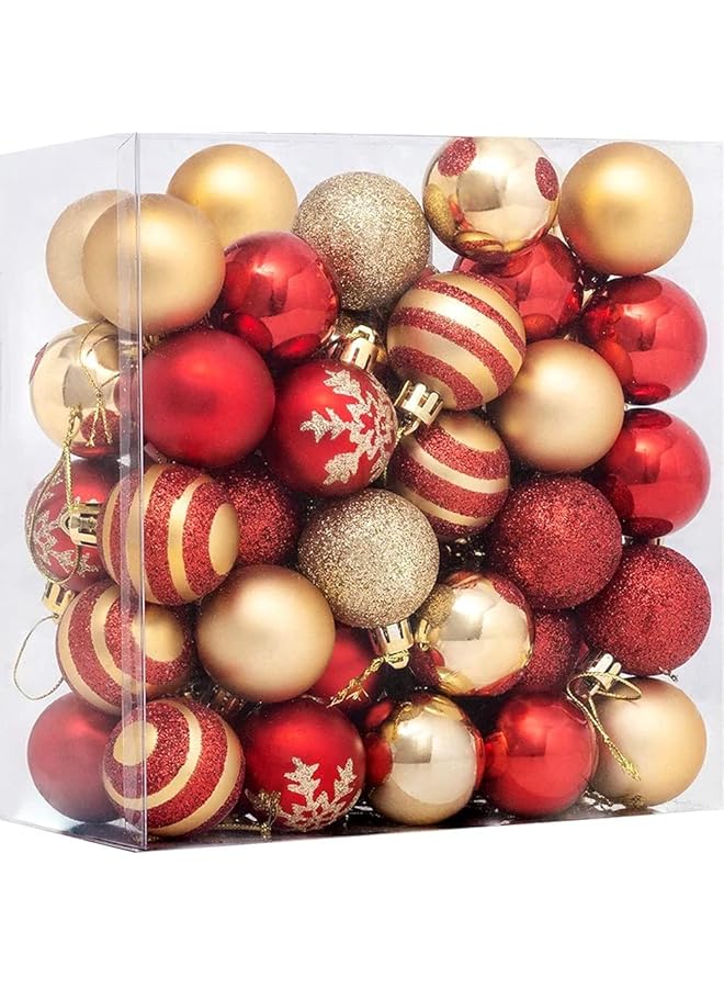 Christmas Tree Balls Ornaments, 50 PCS Hanging Christmas Balls, Red Gold Snow Glitter Plastic Xmas Tree Baubles, Christmas Tree Pendant Ball Set for Holiday Party Christmas Trees Decoration