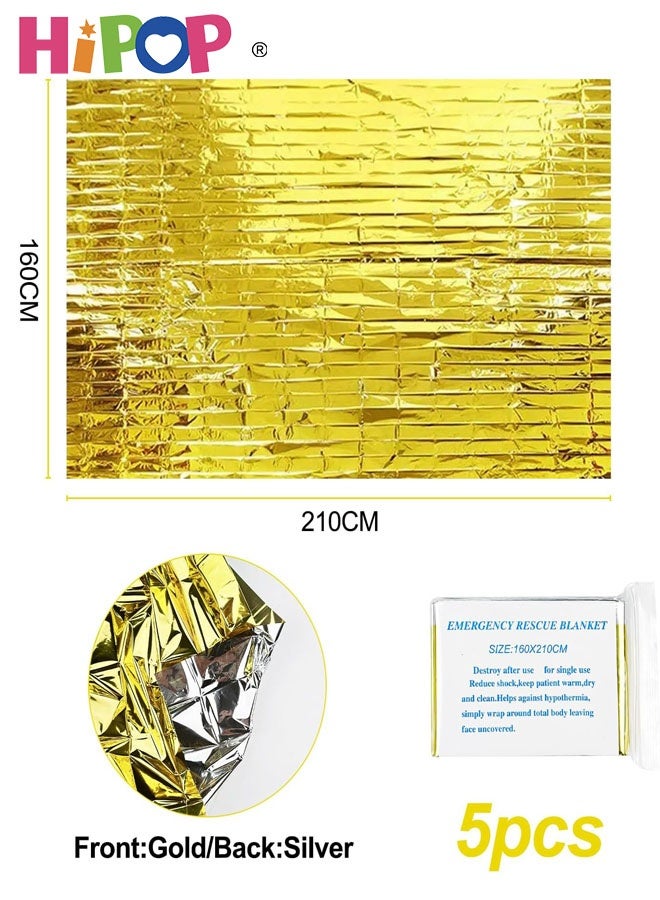 HIPOP 5 Pieces Reusable Survival Blanket, Thermal Emergency Blankets Tearproof & Waterproof for Outdoors, Hiking, Survival, Marathons, First Aid Gold/Silver 160 x 210 cm - Image 2