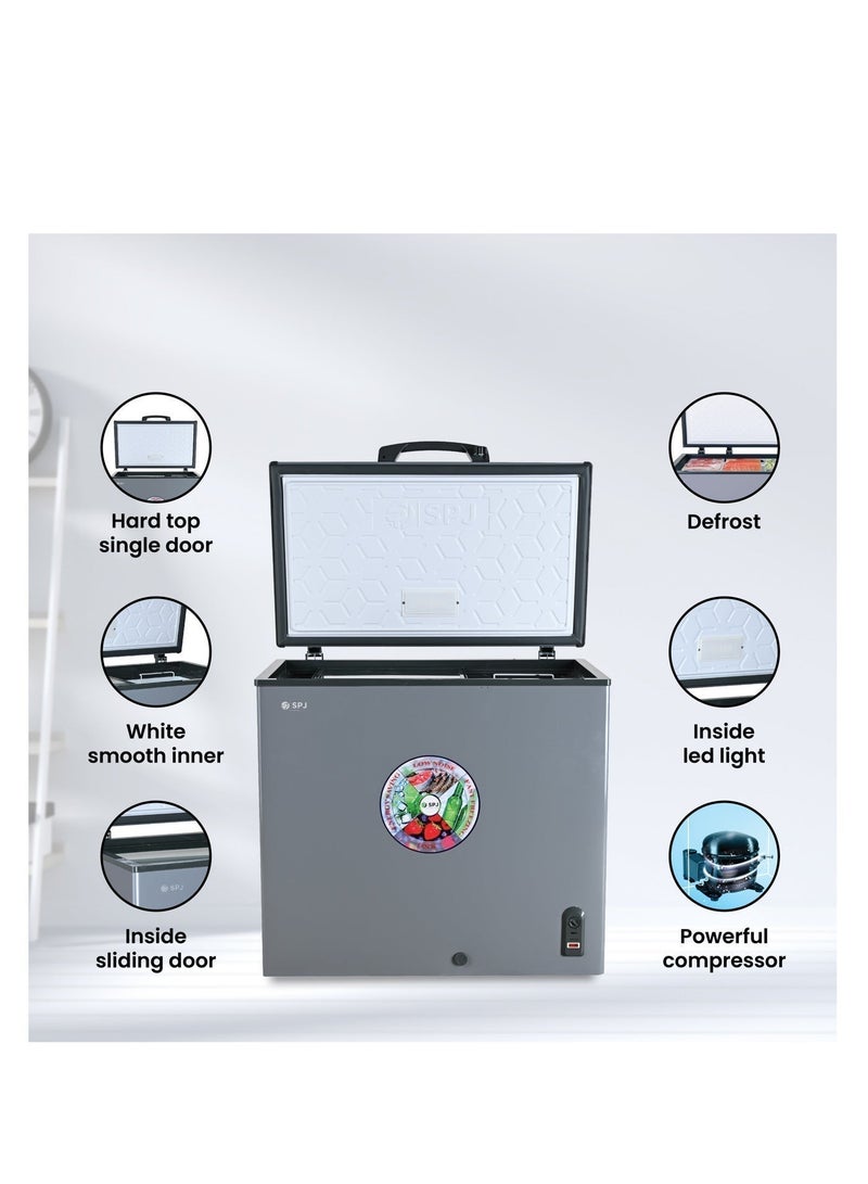 SPJ 200L Chest Freezer, Hard Top Single Door, Energy Saving R600a Compressor, Low Noise, LED Light, Child Lock – Grey - Image 2