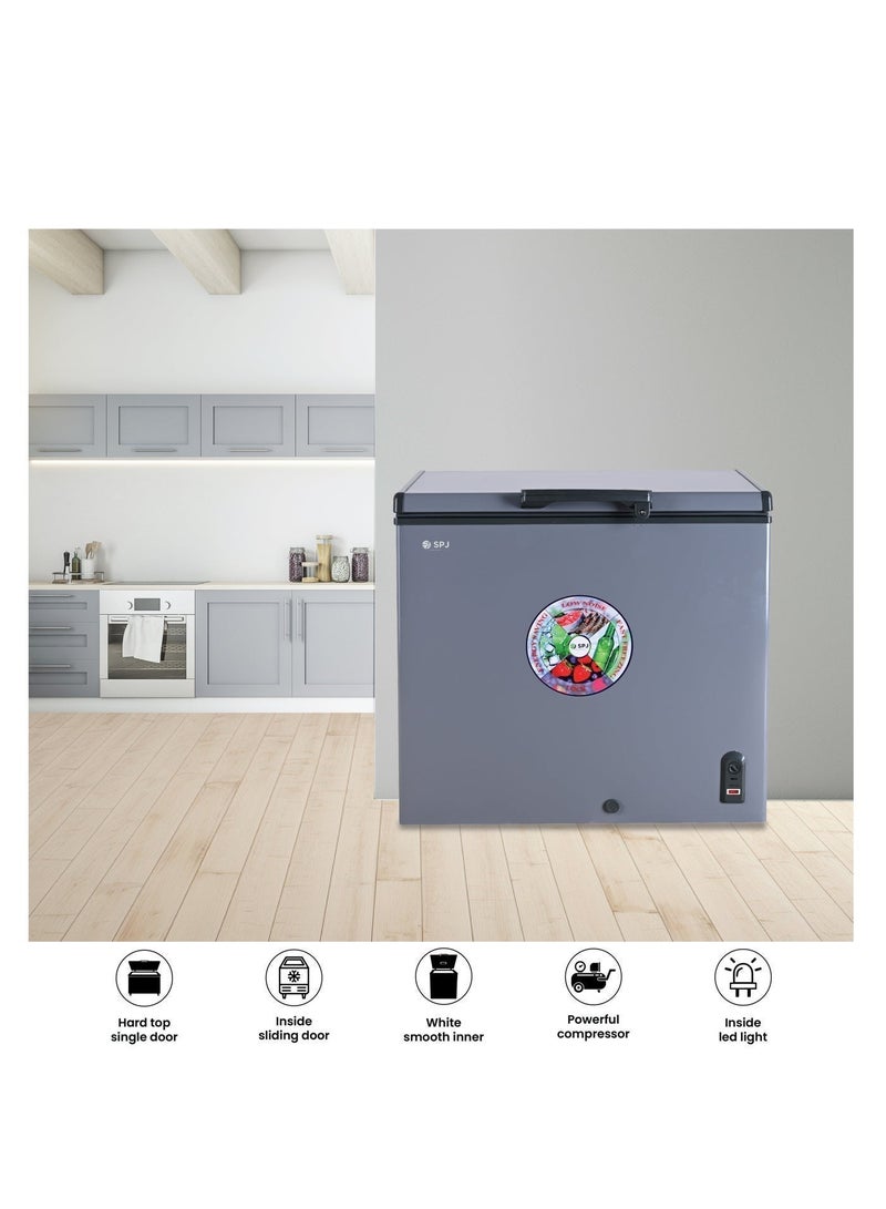 SPJ 200L Chest Freezer, Hard Top Single Door, Energy Saving R600a Compressor, Low Noise, LED Light, Child Lock – Grey - Image 4