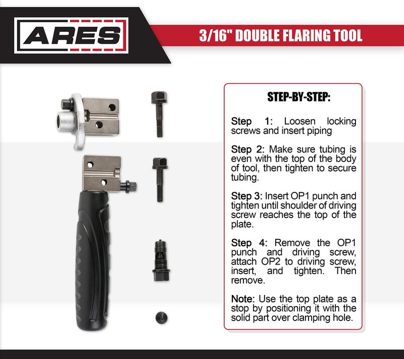 ARES 18025-3/16-Inch Double Flaring Tool - Includes Flaring Tool and Op1/Op2 Punch - Creates Double Flares on 3/16-Inch Steel, Nickel & Copper Tubing - Image 3
