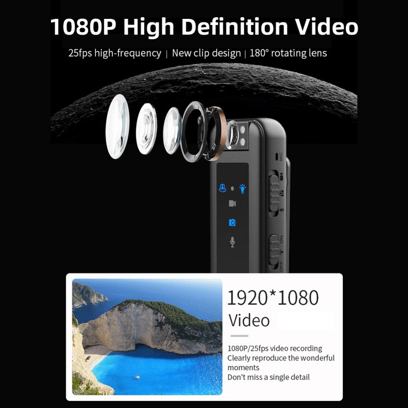 كاميرا جسم بدقة 1080P بتسجيل صوت وفيديو - كاميرا فيديو صغيرة قابلة للارتداء مع عدسة دوارة بزاوية 180 درجة، مع مشبك خلفي وقاعدة دراجة دراسية لغرض إنفاذ القانون والتوصيل والسفر الشخصي وركوب الدراجات - Image 5