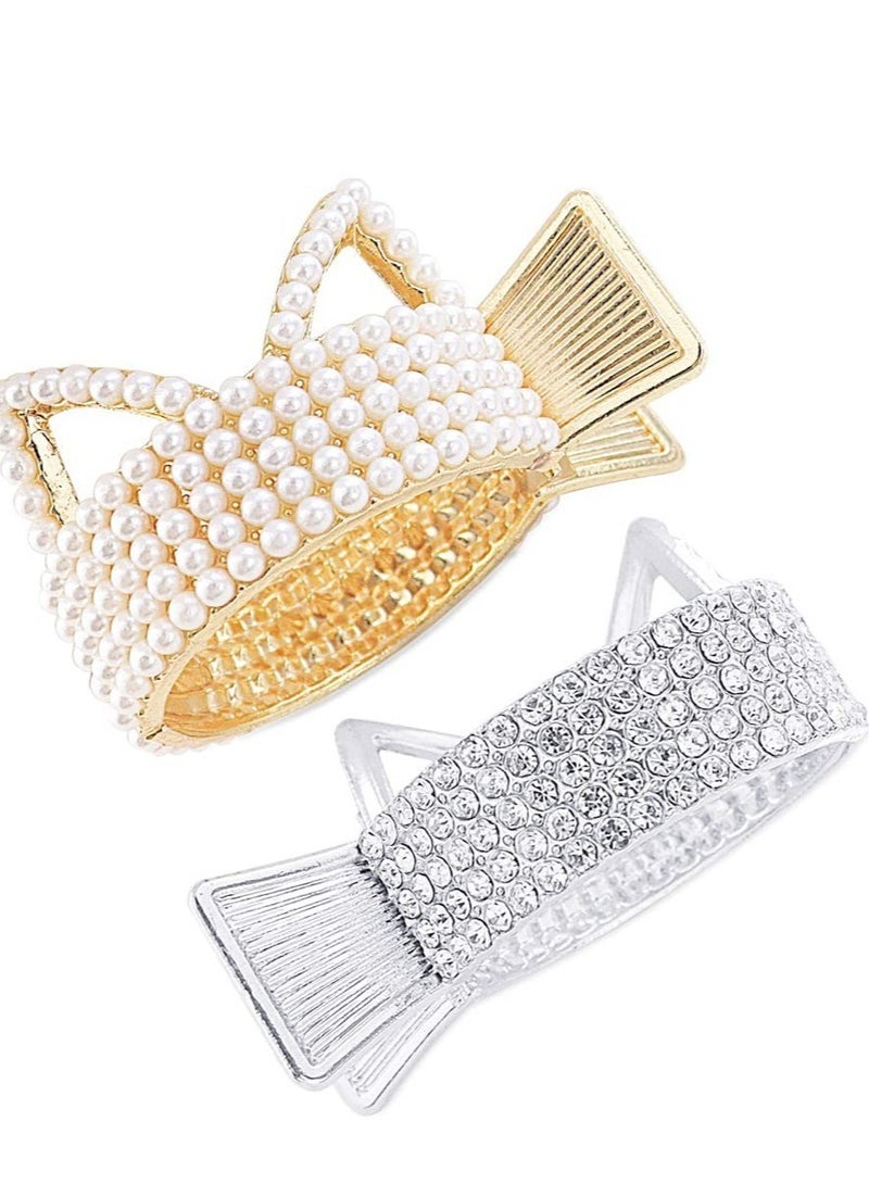 SYOSI 2 Pack Cute Cat Ear Hair Claw Rhinestone Hair Crab Pearl Hair Claw Ponytail Holder Round Pony Jaw Small Bun Banana Hair Clip Rhinestone Crystal Cat Ear Hair Accessories for Girls Women - Image 1