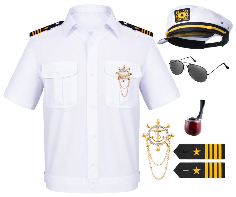 6PCS Mens Yacht Captain Sailor Costume Adult Shirt Hat Accessories Set Party Cosplay XLarge White