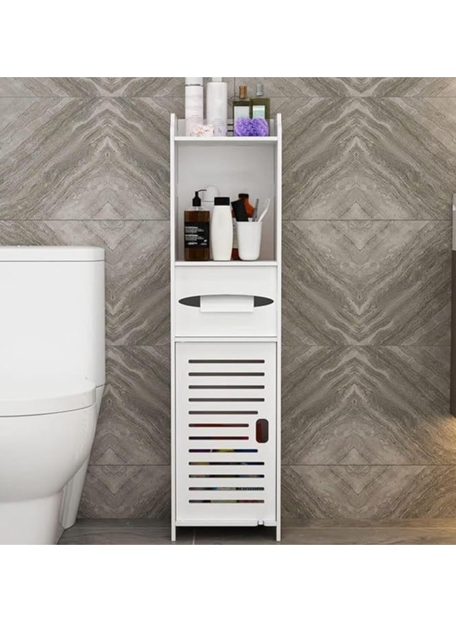 Small Bathroom Storage Corner Floor Cabinet with Doors and Shelves Thin Toilet Vanity Cabinet Narrow Bath Sink Organizer Towel Storage Shelf for Paper Holder White