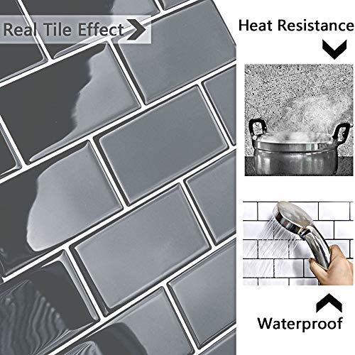 Yoillione يويليوني بلاط خلفية لاصق للمطبخ: بلاط حائط ذاتي اللصق للحمام - بلاط خلفية سميك من الفينيل (10، رمادي داكن) - Image 5