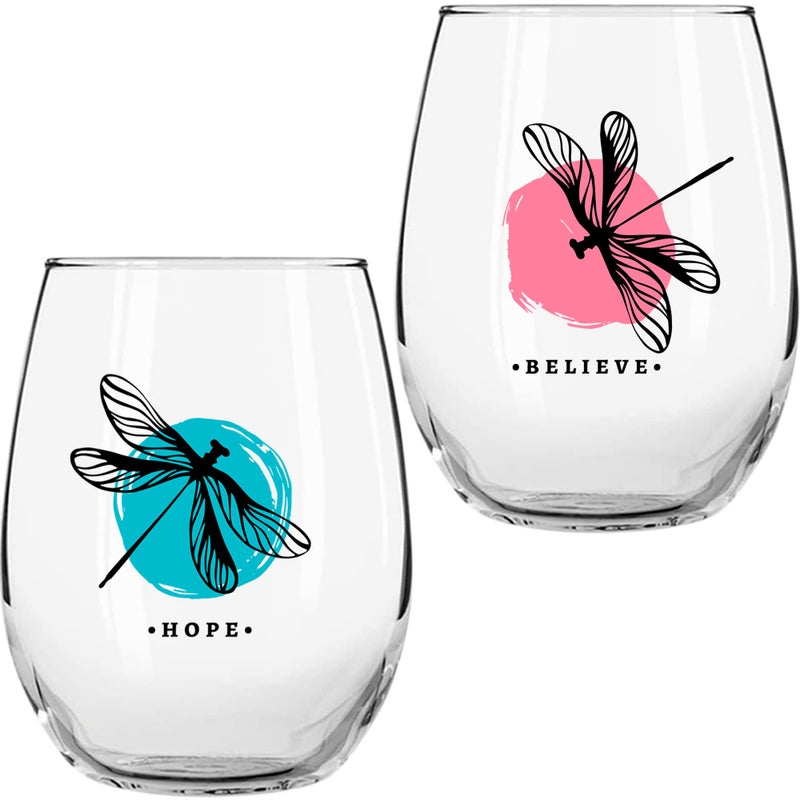 On The Rox Drinks Dragonfly Gifts for Women  Stemless Wine Glass 2 Pc Set  17 Oz  Spiritual Dragon Fly Gifts Decor for Home or Kitchen  Wine Tumbler Cups for Wine Coffee Tea Dragonflies Drinking Cup Mug Glasses