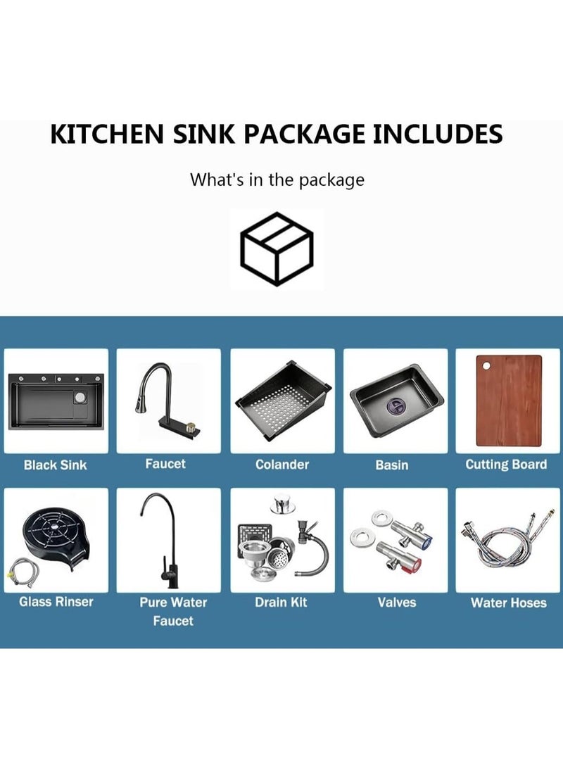 Modern Kitchen Sink Workstation with Faucet Set | Black Stainless Steel Single Bowl Sink | Multifunctional Kitchen Sink with Cutting Board & Drain Basket | Heavy Duty Kitchen Sink - Image 3