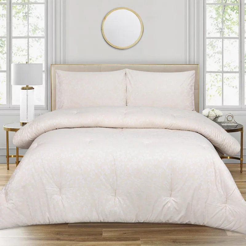 يسكن Dwell-Petals Jacquard 4Pc Comforter Set-Comforter 260 x 240 CM,Fitted Sheet 200 x 200 CM,Pillow case 50 x 80 CM-Beige