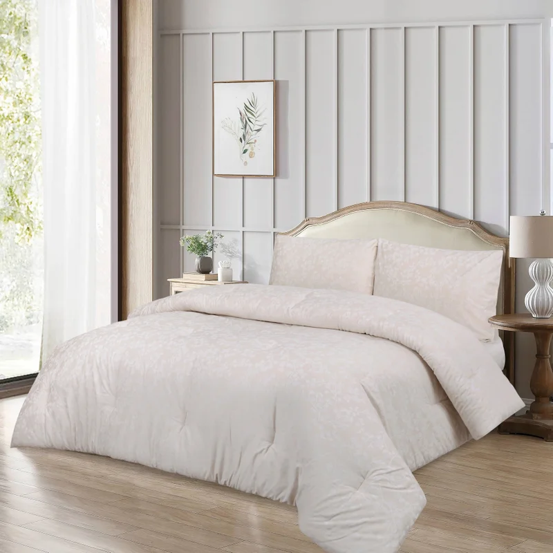 يسكن Dwell-Petals Jacquard 4Pc Comforter Set-Comforter 260 x 240 CM,Fitted Sheet 200 x 200 CM,Pillow case 50 x 80 CM-Beige