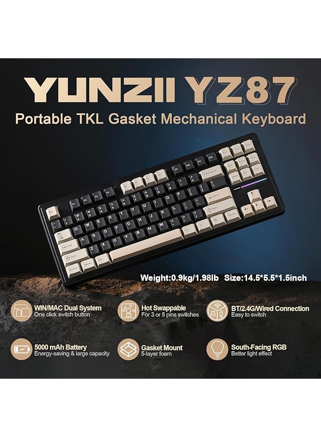 YUNZII Yz87 Gasket Mechanical Keyboard，Tkl Wireless Hot Swappable Gaming Keyboard With 4 Layer Padding Bt5.0/2.4G/Usb C Nkro Rgb Backlit Gaming Keyboard For Linux/Win/Mac(Black Milk Switch)  - Image 2
