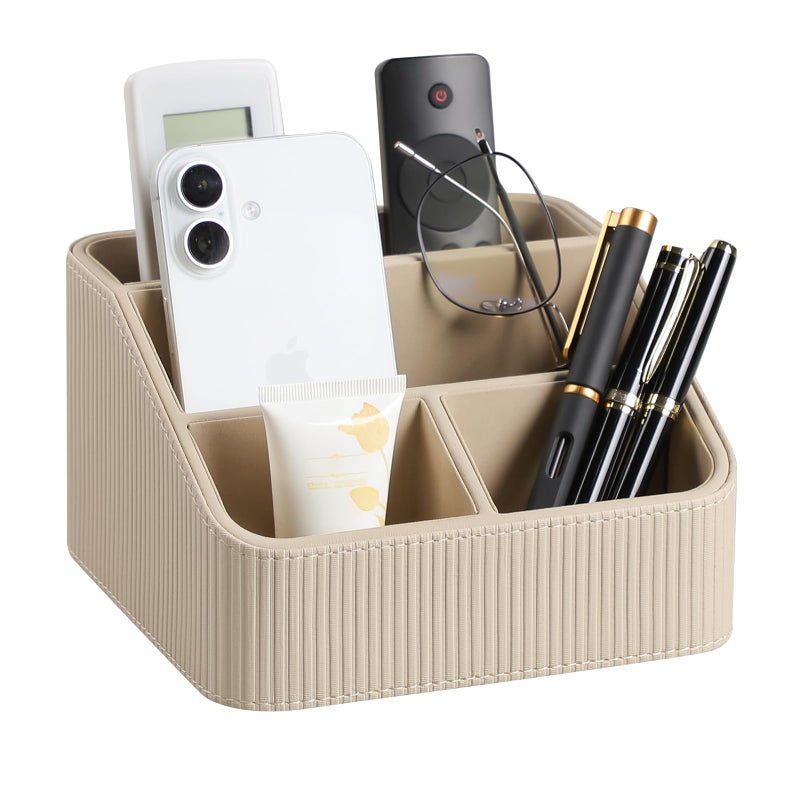 Cretkhp Remote Control Holder With 4 Compartments  Pu Leather Small Nightstand Organizer For Home Desk Accessories Office Supplies  Multifunctional Stylish Small Bedside Desktop Organizers (Beige) - Image 1