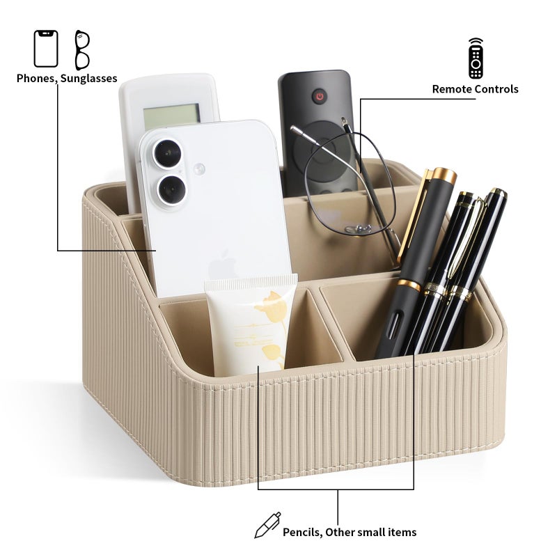 Cretkhp Remote Control Holder With 4 Compartments  Pu Leather Small Nightstand Organizer For Home Desk Accessories Office Supplies  Multifunctional Stylish Small Bedside Desktop Organizers (Beige) - Image 4