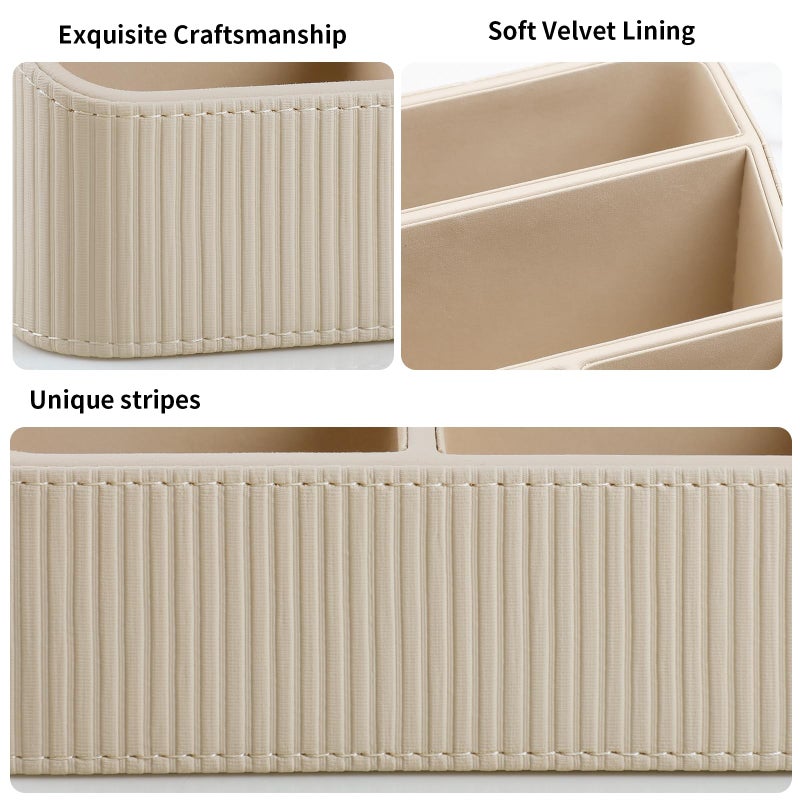 Cretkhp Remote Control Holder With 4 Compartments  Pu Leather Small Nightstand Organizer For Home Desk Accessories Office Supplies  Multifunctional Stylish Small Bedside Desktop Organizers (Beige) - Image 3