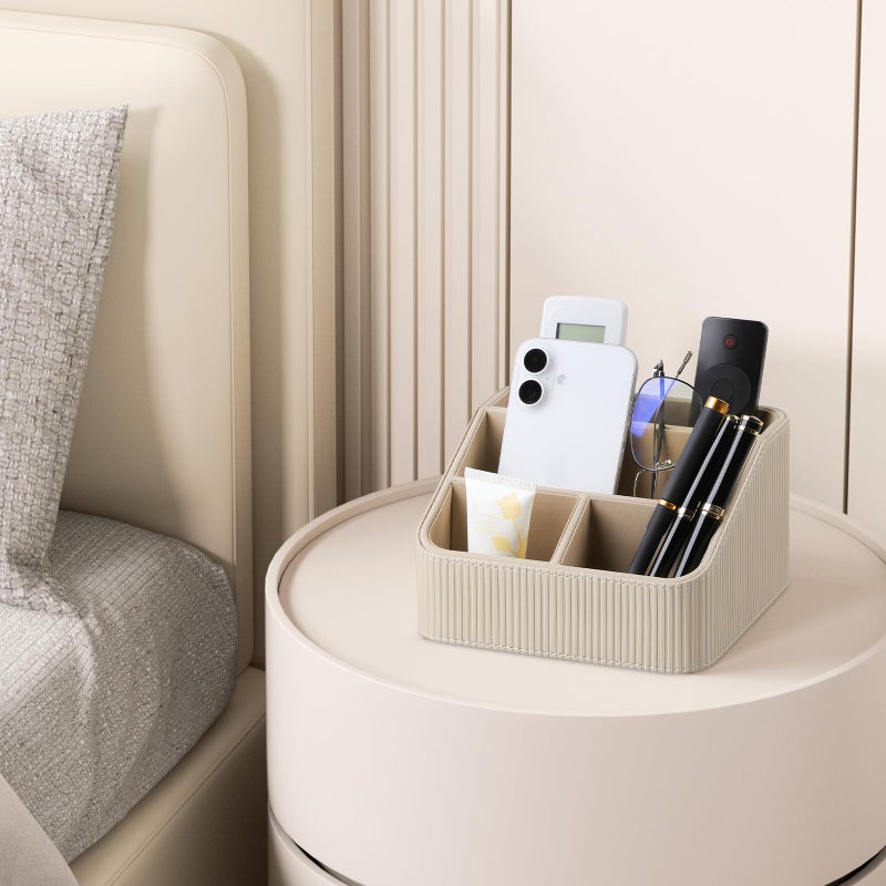 Cretkhp Remote Control Holder With 4 Compartments  Pu Leather Small Nightstand Organizer For Home Desk Accessories Office Supplies  Multifunctional Stylish Small Bedside Desktop Organizers (Beige) - Image 5