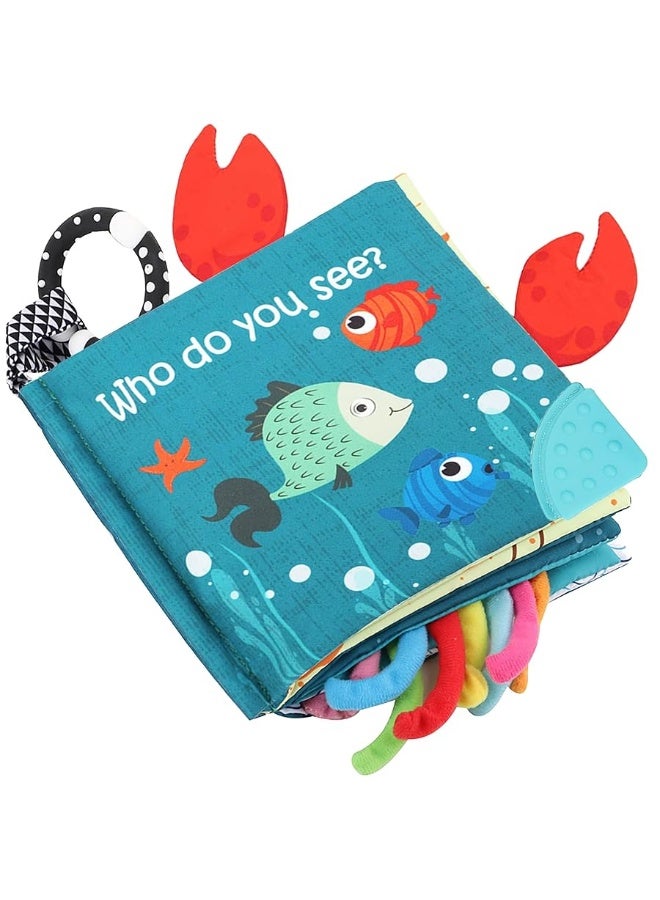 Bebe Mondo كتب أطفال سمكية، ألعاب، كتب قماشية ناعمة قابلة للمس والشعور للأطفال، الرضع، ألعاب التسنين، هدايا كتب الأطفال للأولاد والبنات، ألعاب تعليمية مبكرة، حلقة تسنين - أخطبوط قرش - Image 4