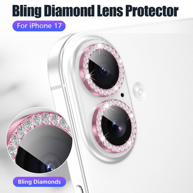 AGVEE 3+3 6 Pack for iPhone 17 6.3" Camera Lens Protector, Bling Diamond & Bling Glitter Metal Ring 9H Tempered HD Glass Camera Cover Film, Bling-Pink - Image 4