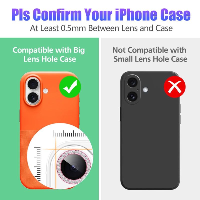 AGVEE 3+3 6 Pack for iPhone 17 6.3" Camera Lens Protector, Bling Diamond & Bling Glitter Metal Ring 9H Tempered HD Glass Camera Cover Film, Bling-Pink - Image 3