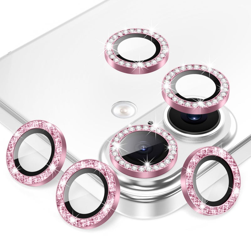 AGVEE 3+3 6 Pack for iPhone 17 6.3" Camera Lens Protector, Bling Diamond & Bling Glitter Metal Ring 9H Tempered HD Glass Camera Cover Film, Bling-Pink - Image 1