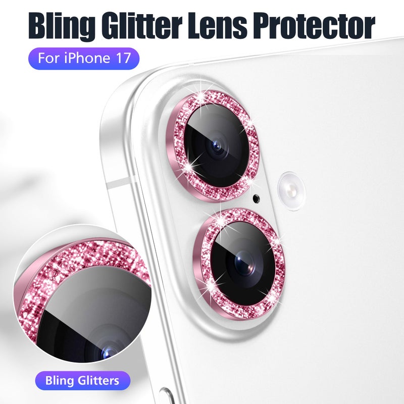 AGVEE 3+3 6 Pack for iPhone 17 6.3" Camera Lens Protector, Bling Diamond & Bling Glitter Metal Ring 9H Tempered HD Glass Camera Cover Film, Bling-Pink - Image 5