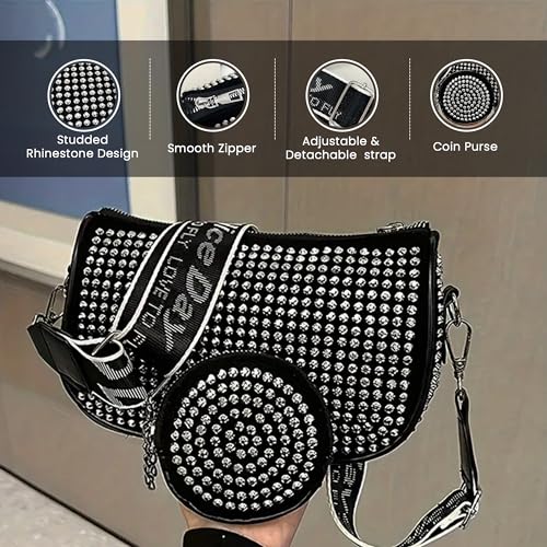 REDHORNS Rhinestone Studded Crossbody Sling Bag for Women With Headphohe Pouch, Detachable Strap Stylish Evening Ladies Clutch Handbags Girls Purse For Party Wedding Travel Side Bag - Silver - Image 2
