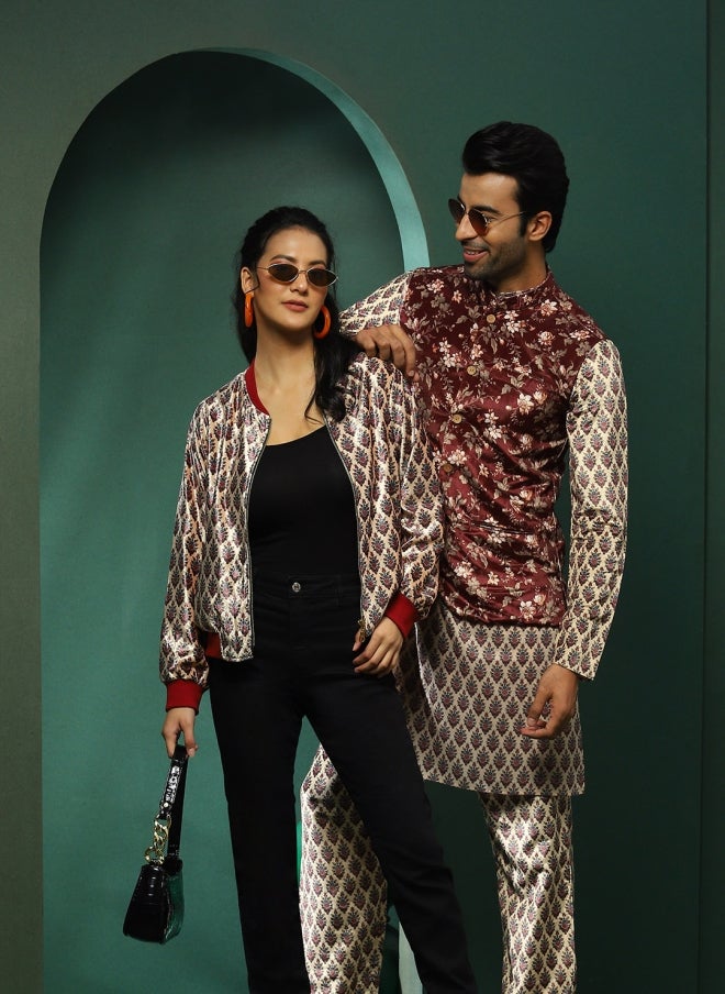 أيه كيه إس جاكيت بومبر نسائي مطبوع بالزهور باللون الكريمي - Image 1