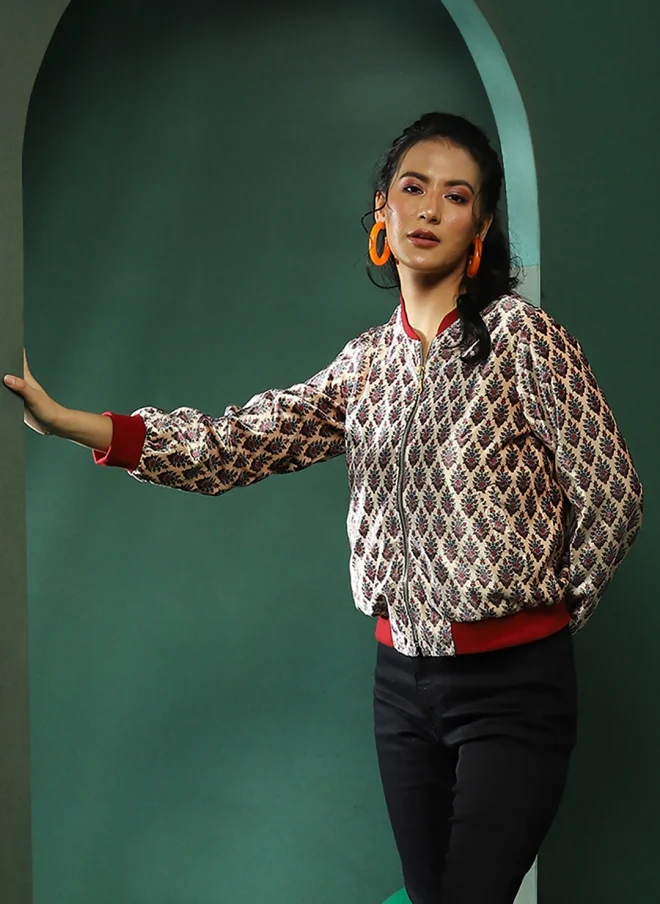 أيه كيه إس Floral Printed Cream Bomber Jacket for Women