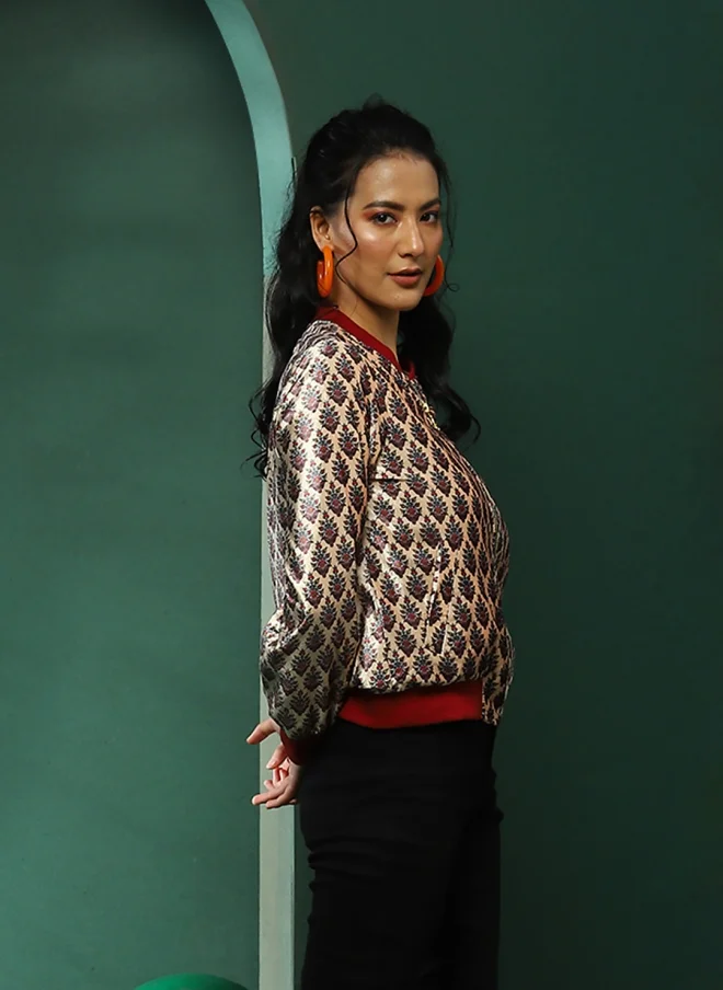 أيه كيه إس Floral Printed Cream Bomber Jacket for Women
