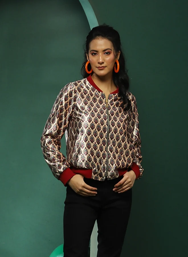 أيه كيه إس Floral Printed Cream Bomber Jacket for Women