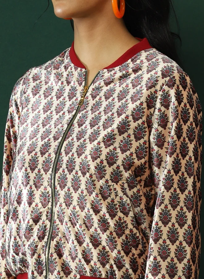 أيه كيه إس Floral Printed Cream Bomber Jacket for Women