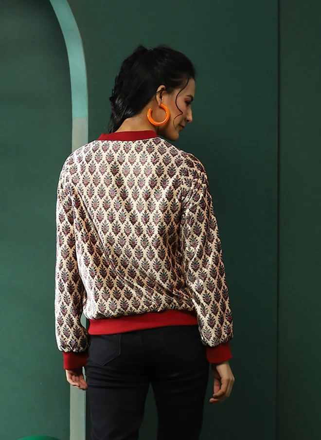 أيه كيه إس Floral Printed Cream Bomber Jacket for Women