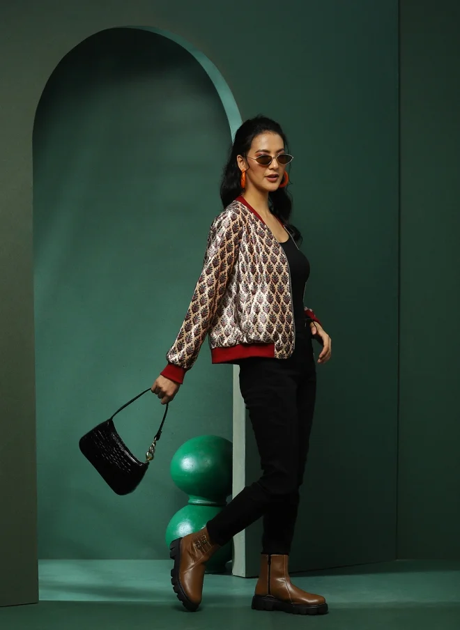 أيه كيه إس Floral Printed Cream Bomber Jacket for Women