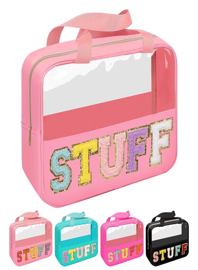 Iqimott حقيبة تخزين مستحضرات التجميل الشفافة من إكيموت، حقيبة كبيرة لتخزين أدوات التجميل مع مقبض، حقيبة تنظيم مقاومة للماء من النايلون الشفاف مع سحاب للسفر للنساء والفتيات (وردي) - Image 1