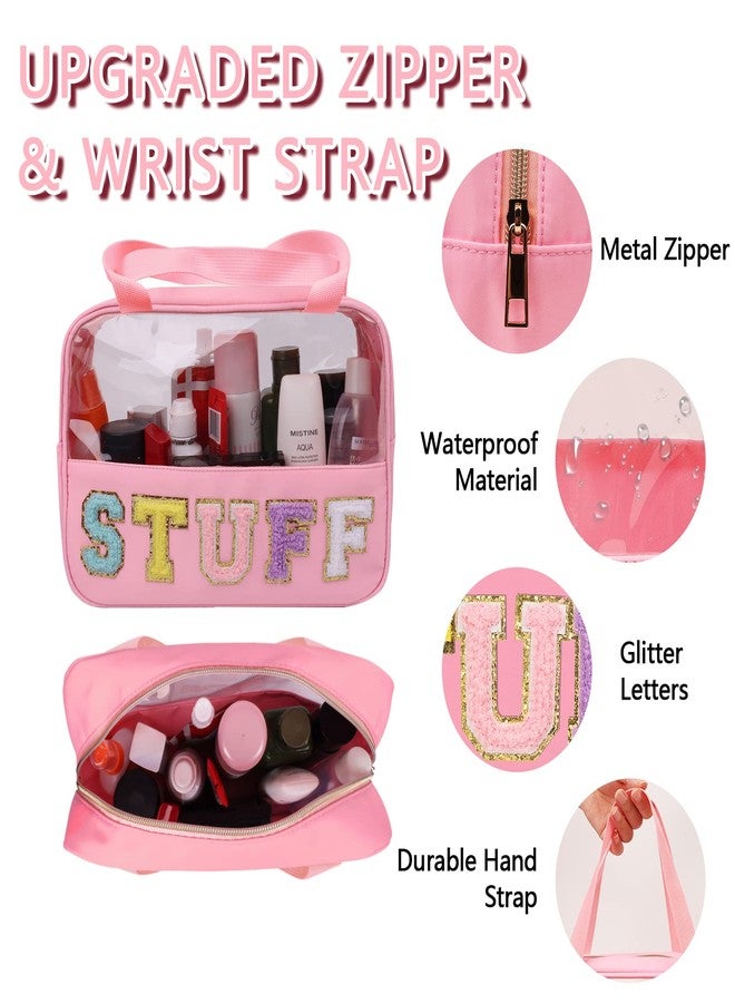 Iqimott حقيبة تخزين مستحضرات التجميل الشفافة من إكيموت، حقيبة كبيرة لتخزين أدوات التجميل مع مقبض، حقيبة تنظيم مقاومة للماء من النايلون الشفاف مع سحاب للسفر للنساء والفتيات (وردي) - Image 3
