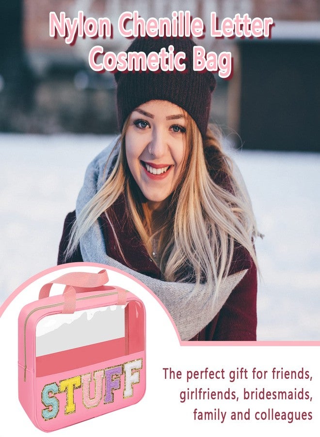 Iqimott حقيبة تخزين مستحضرات التجميل الشفافة من إكيموت، حقيبة كبيرة لتخزين أدوات التجميل مع مقبض، حقيبة تنظيم مقاومة للماء من النايلون الشفاف مع سحاب للسفر للنساء والفتيات (وردي) - Image 5