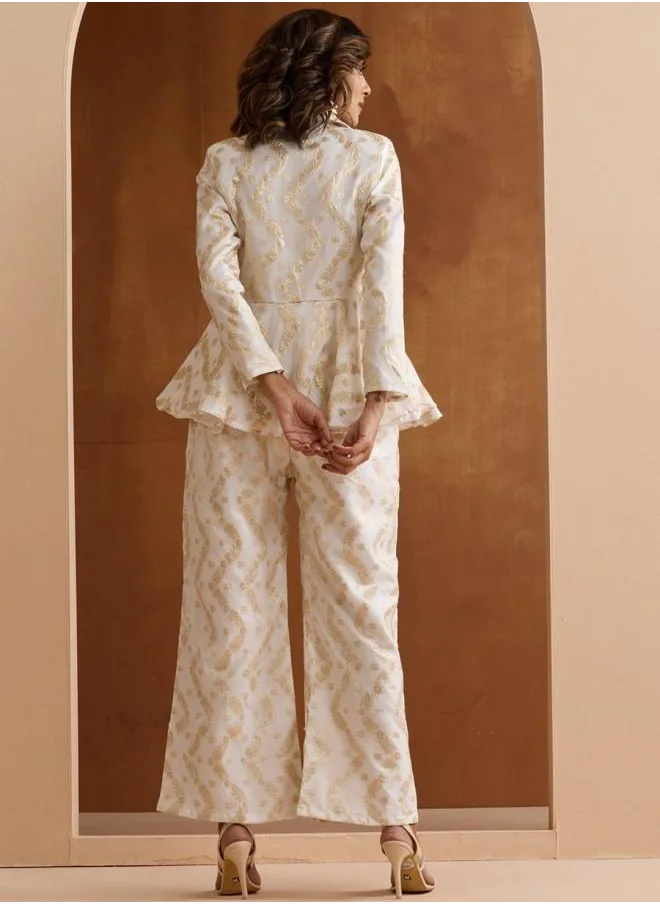 آي شين Tunic Women Off White Poly silk Co-ords with Embroidered pattern Tunic and Palazzo features a Round neckline and Three-Fourth Sleeve secured with Pull over closure and styled in Straight Fit ideal for Festive moments — a must-have for your statement wardrobe.