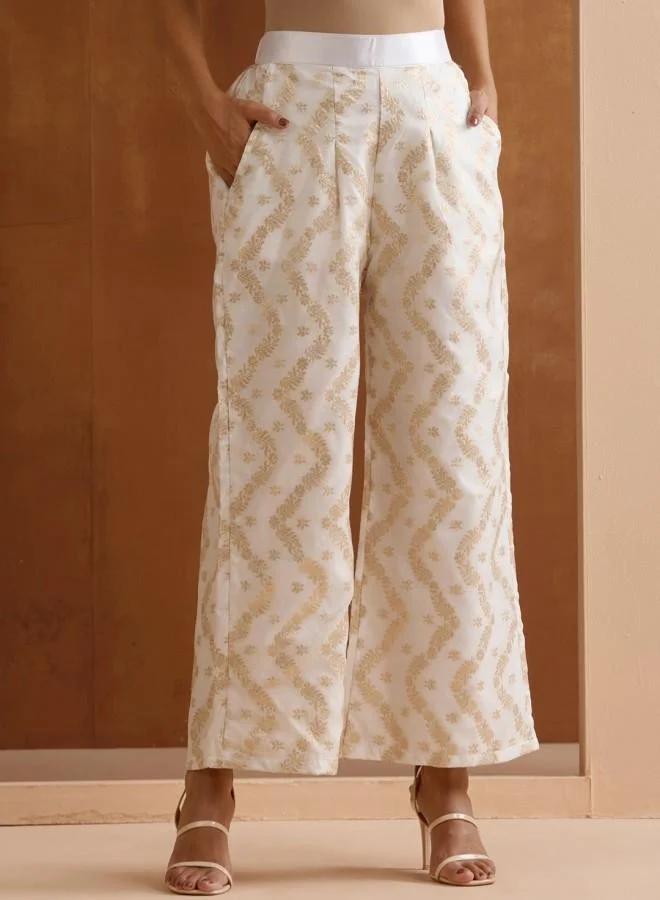 ISHIN Women's Off White Polyester Blend Embroidered Tunic Full Length Palazzo Straight Fit Co Ords