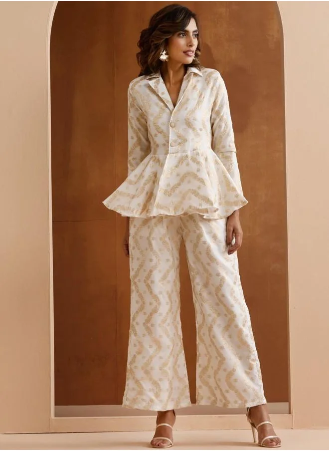 ISHIN Tunic Women Off White Poly silk Co-ords with Embroidered pattern Tunic and Palazzo features a Round neckline and Three-Fourth Sleeve secured with Pull over closure and styled in Straight Fit ideal for Festive moments — a must-have for your statement wardrobe.