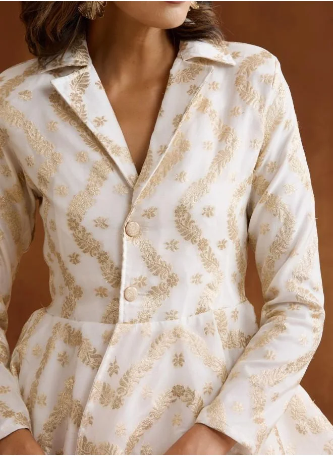 ISHIN Tunic Women Off White Poly silk Co-ords with Embroidered pattern Tunic and Palazzo features a Round neckline and Three-Fourth Sleeve secured with Pull over closure and styled in Straight Fit ideal for Festive moments — a must-have for your statement wardrobe.