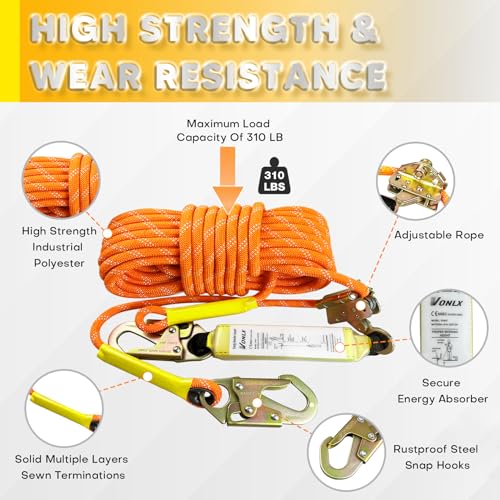 VONLX Fall Protection Safety Rope 50FT Heavy Duty Vertical Roofing Ropes with Alloy Steel Grab Snap Hooks Shock Absorber Fall Protection Tree Climbing Line Kit Tree Stand Safety Rope Line Kit - Image 2