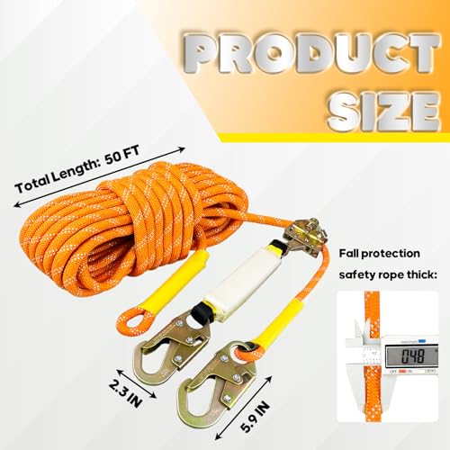 VONLX Fall Protection Safety Rope 50FT Heavy Duty Vertical Roofing Ropes with Alloy Steel Grab Snap Hooks Shock Absorber Fall Protection Tree Climbing Line Kit Tree Stand Safety Rope Line Kit - Image 3