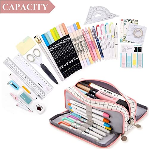 FINEMOE Canvas Large Capacity Pencil Box For Girls&Boys,3 Compartments Pen&Pencil Pouches,Aesthetic Stationery Pouch For School Kids College Students,Cute Stationary Gift For Children (Plaide White) - Image 3