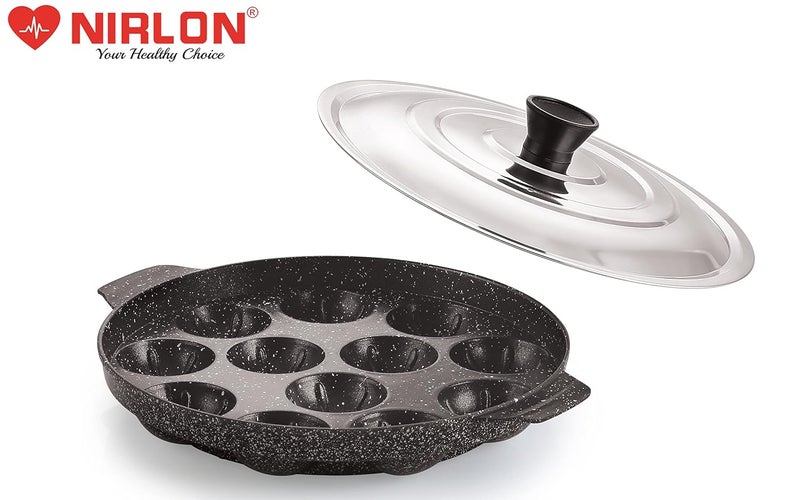 Nirlon NIRLON Non-Stick Black 12 Cavity Appam Paniyarakkal | Paniyaram | Appam Pan | Pan Cake Maker | Ponganal Maker | Kuzhi Paniyaram | Paddu Tawa with with 2 Side Handle, Stainless Steel Lid - Image 4