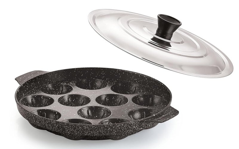 Nirlon NIRLON Non-Stick Black 12 Cavity Appam Paniyarakkal | Paniyaram | Appam Pan | Pan Cake Maker | Ponganal Maker | Kuzhi Paniyaram | Paddu Tawa with with 2 Side Handle, Stainless Steel Lid - Image 1