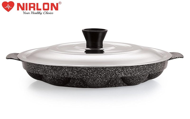 Nirlon NIRLON Non-Stick Black 12 Cavity Appam Paniyarakkal | Paniyaram | Appam Pan | Pan Cake Maker | Ponganal Maker | Kuzhi Paniyaram | Paddu Tawa with with 2 Side Handle, Stainless Steel Lid - Image 2