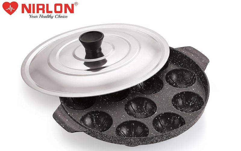 Nirlon NIRLON Non-Stick Black 12 Cavity Appam Paniyarakkal | Paniyaram | Appam Pan | Pan Cake Maker | Ponganal Maker | Kuzhi Paniyaram | Paddu Tawa with with 2 Side Handle, Stainless Steel Lid - Image 3