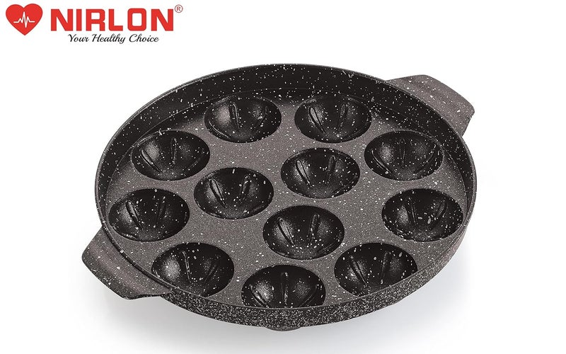 Nirlon NIRLON Non-Stick Black 12 Cavity Appam Paniyarakkal | Paniyaram | Appam Pan | Pan Cake Maker | Ponganal Maker | Kuzhi Paniyaram | Paddu Tawa with with 2 Side Handle, Stainless Steel Lid - Image 5
