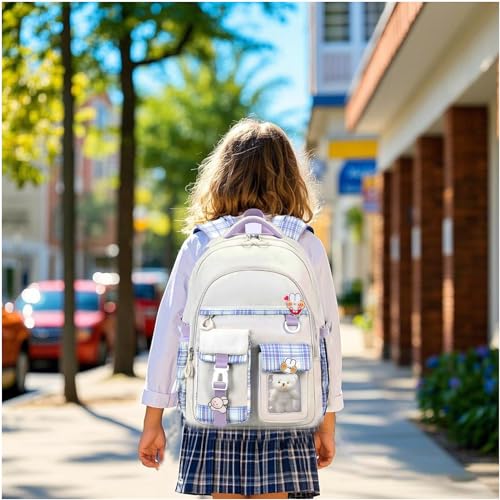 PRLINJSK Girls BackpackCute School Backpack for Girls Kids TeensKawaii Bookbag for Primary ElementaryWhite - Image 3